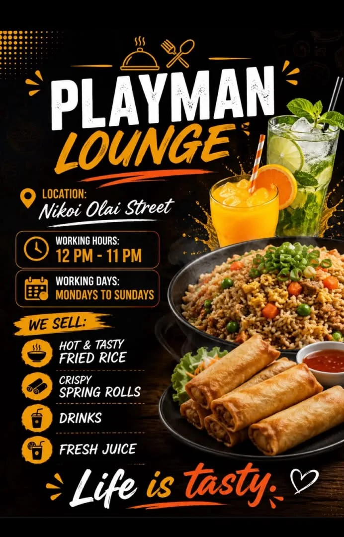 Play Man Lounge flyer: fried rice, spring rolls and fresh juice with the Nikoi Olai Street address and 12 PM to 11 PM hours