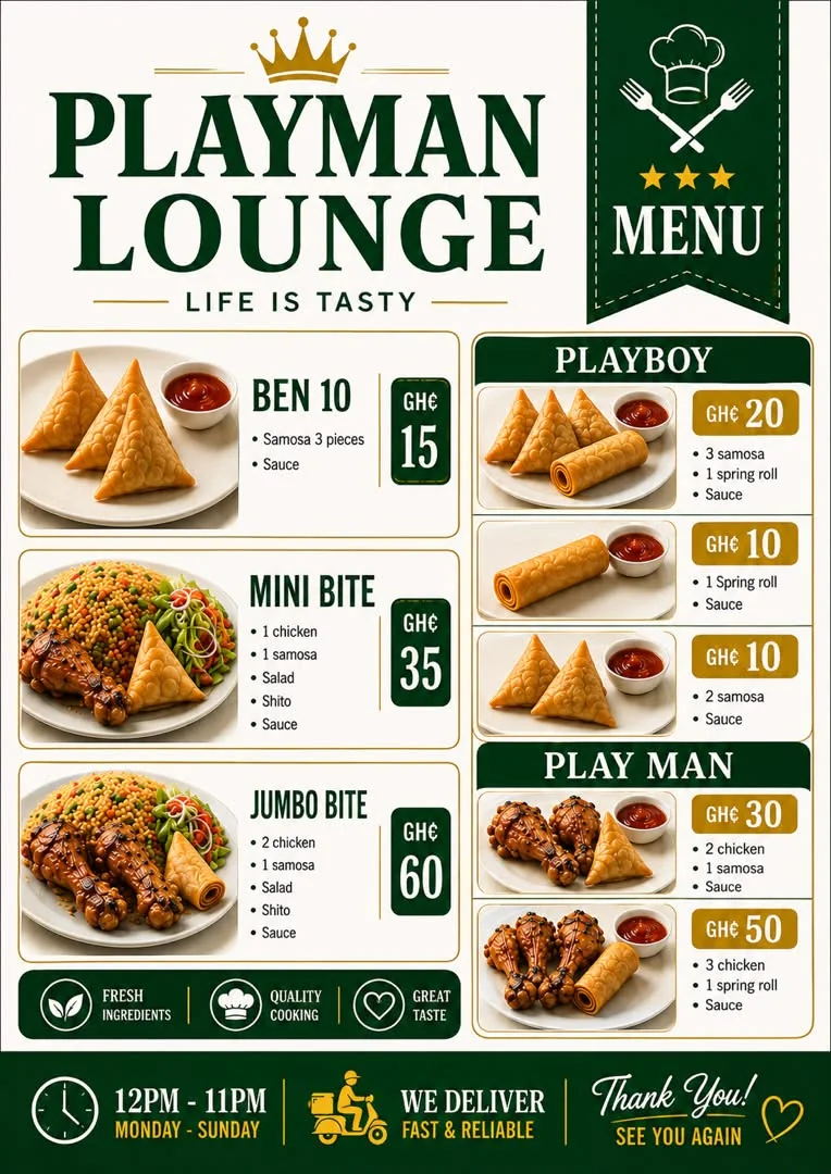 Printed Play Man Lounge menu poster listing Ben 10, Mini Bite, Jumbo Bite, Playboy and Play Man trays with prices