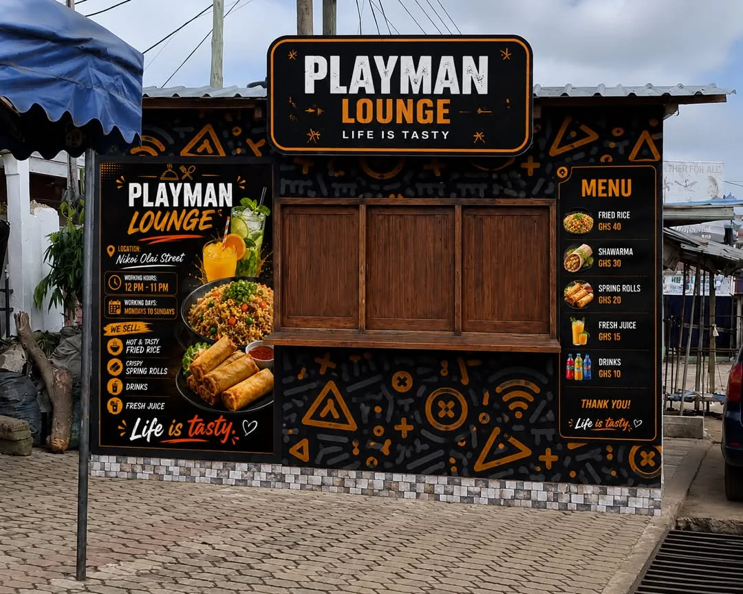 Play Man Lounge kiosk on Nikoi Olai Street, signage and menu board facing the road